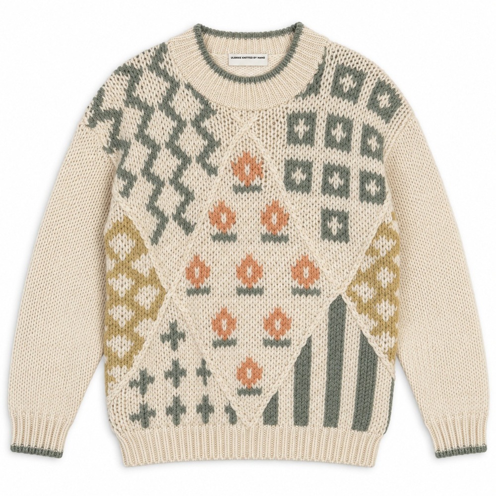 Vtg 90s Hand Knitted Patchwork Floral Ramie Sweater Cream Cottagecore M Quilt